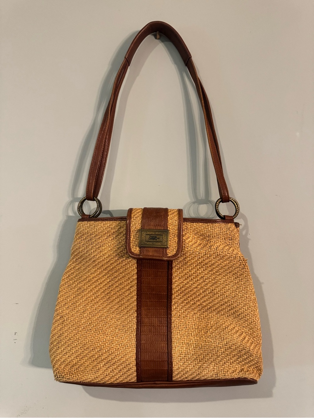 Woven Straw Tote Bag with Brown Trim